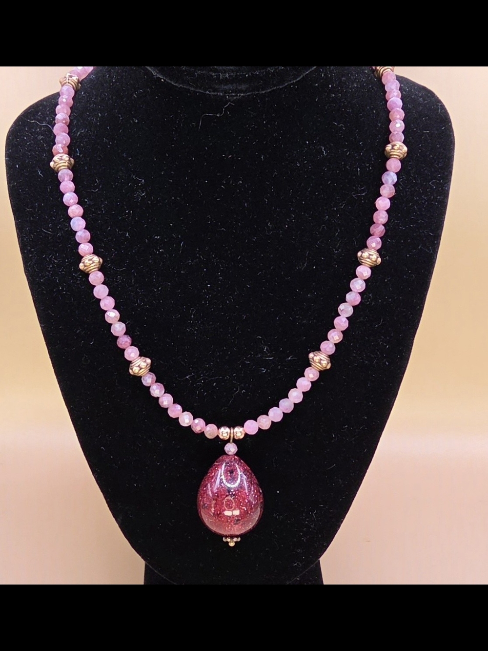Pink Tourmaline and Copper Beaded Bracelet With A Burgundy Lucite Pendant